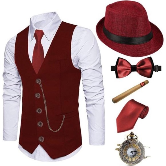 Other - 1920s Mens Costume Fedora Hat,Gatsby Gangster Vest,Vintage Pocket Watch